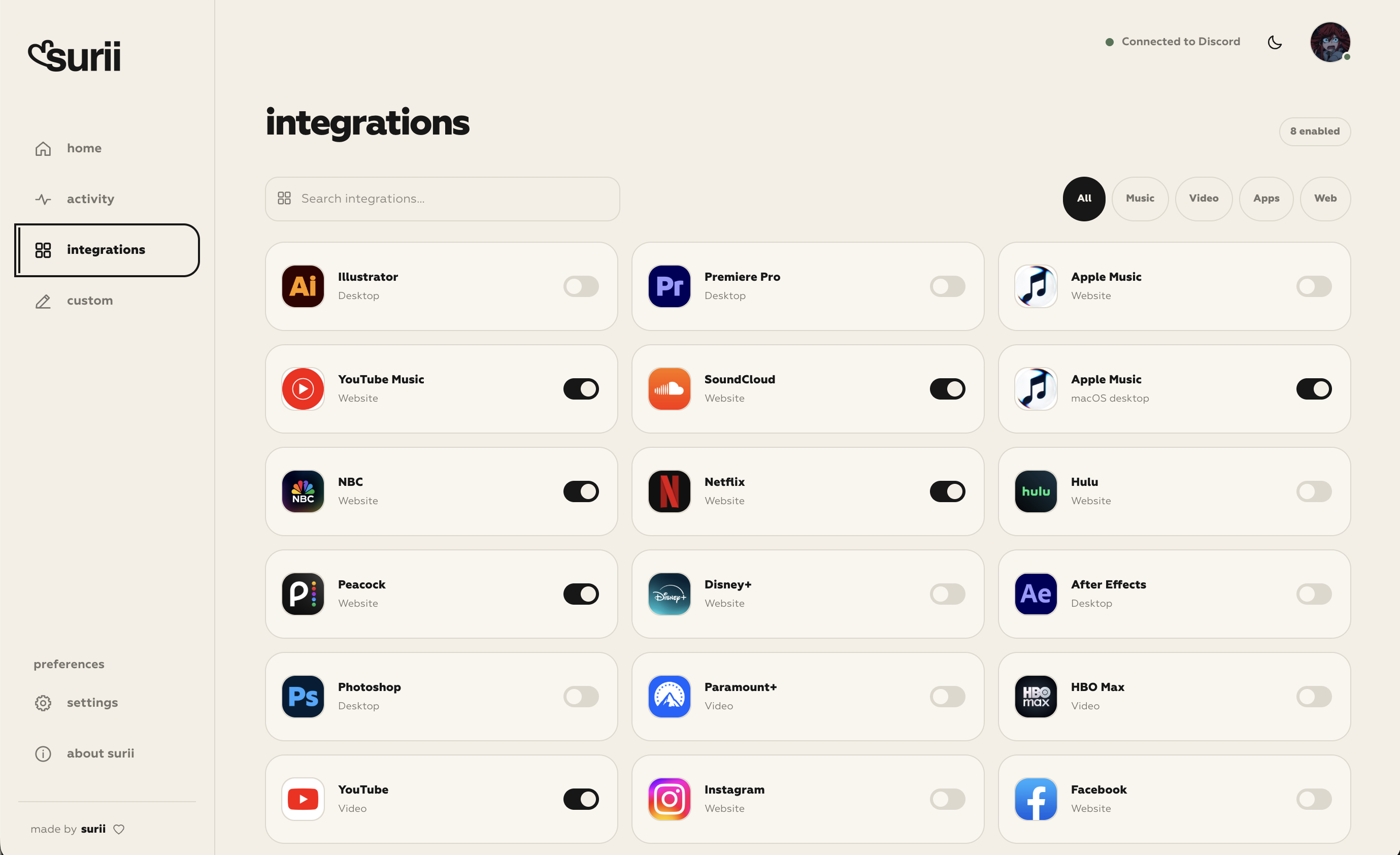 Surii Presence app with its sidebar, Discord connection, integration search, category filters, and three-column integration grid.